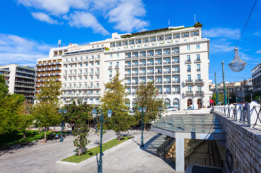 ATHENS, GREECE - OCTOBER 19, 2016: Hotel Grande Bretagne, King George and Athens Plaza Hotel to the north side of the Syntagma Square, along King George I Street.