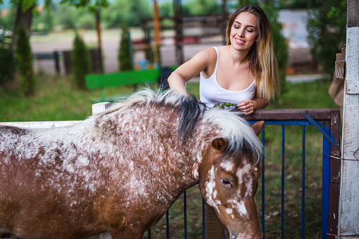 A happy girl petting her pony