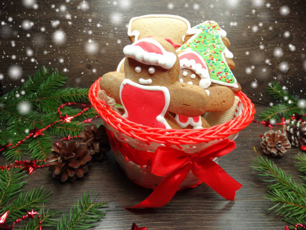 christmas cookies gingerbread and decoration on wooden backgroun
