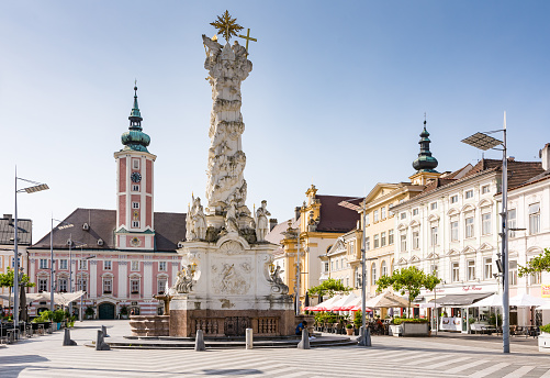 Sankt Pölten: Historic market square with plague column in Sankt Pölten, Austria on August 27, 2017.