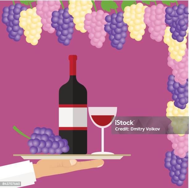 Grapes And A Bottle Of Wine A Bottle Of Wine With A Glass On A Tray Bunch Of Grapes Stock Illustration - Download Image Now