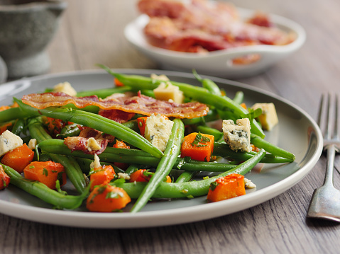Home made freshness green beans with roasted butternuts squash salad with crisp bacon