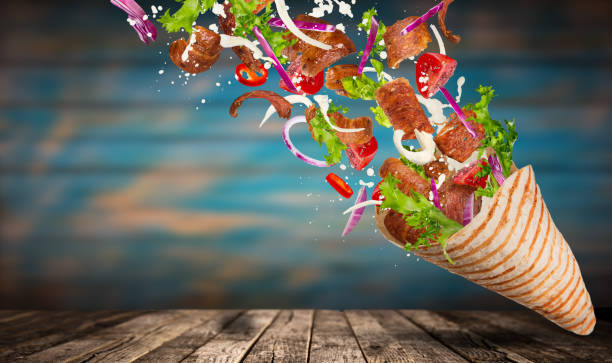 istock Kebab sandwich with flying ingredients 843724046
