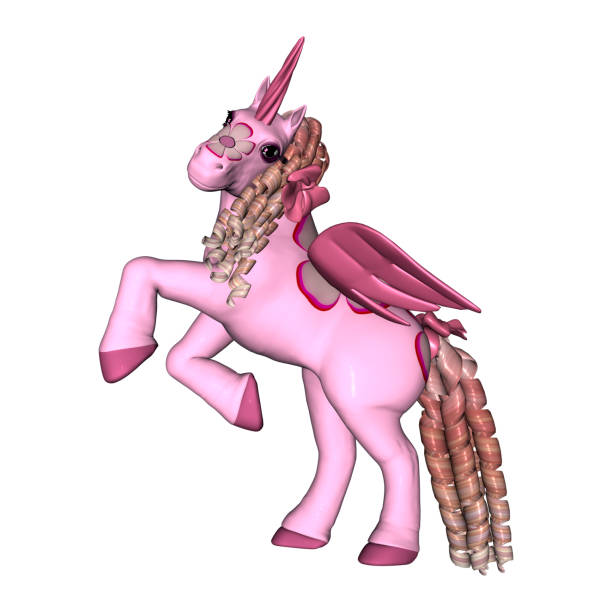 3D rendering of a pink toy unicorn isolated on white background