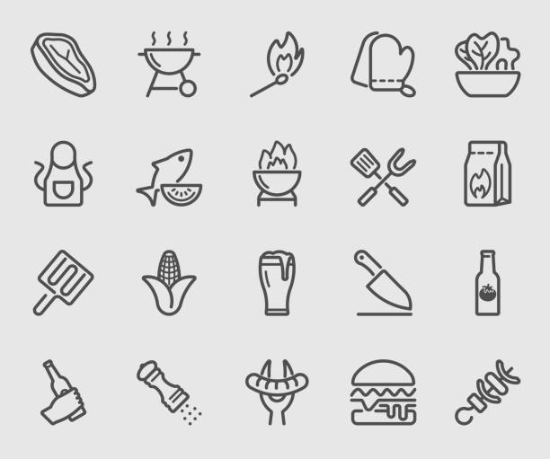 grill-liniensymbol - cooking clothing foods and drinks equipment stock-grafiken, -clipart, -cartoons und -symbole