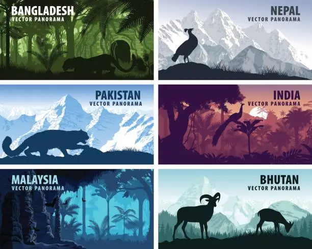 Vector illustration of vector panorama of Bangladesh, Pakistan, Bhutan, Nepal, India and Malaysia with animals