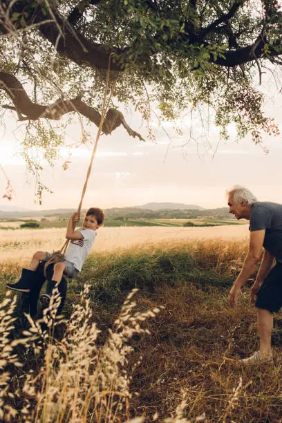 Photo of grandfather bonding with his grandson, swinging him on a tire swing they have built together. They enjoy beautiful summer day, outdoors in the nature.