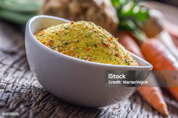 Seasoning Spices Condiment With Dehydrated Carrot Parsley Celery Parsnips And Salt With Or Without Glutamate Stock Photo - Download Image Now