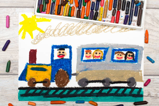 istock Photo of colorful drawing: train with smiling passengers 843736266