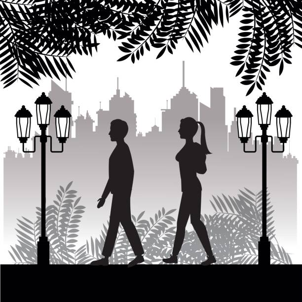 ilustraciones, imágenes clip art, dibujos animados e iconos de stock de chica y chico de silueta caminan fondo de ciudad parque - silhouette kissing park sunset