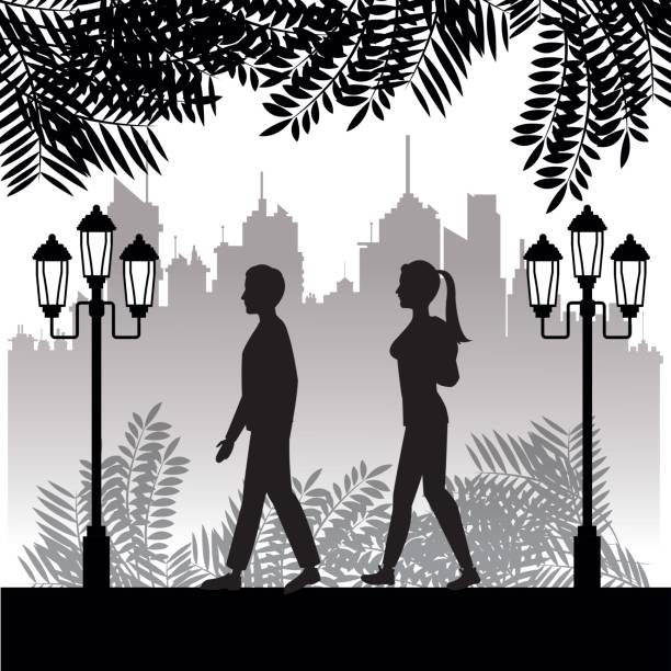 ilustrações de stock, clip art, desenhos animados e ícones de silhouette guy and girl walk park twon background - silhouette kissing park sunset