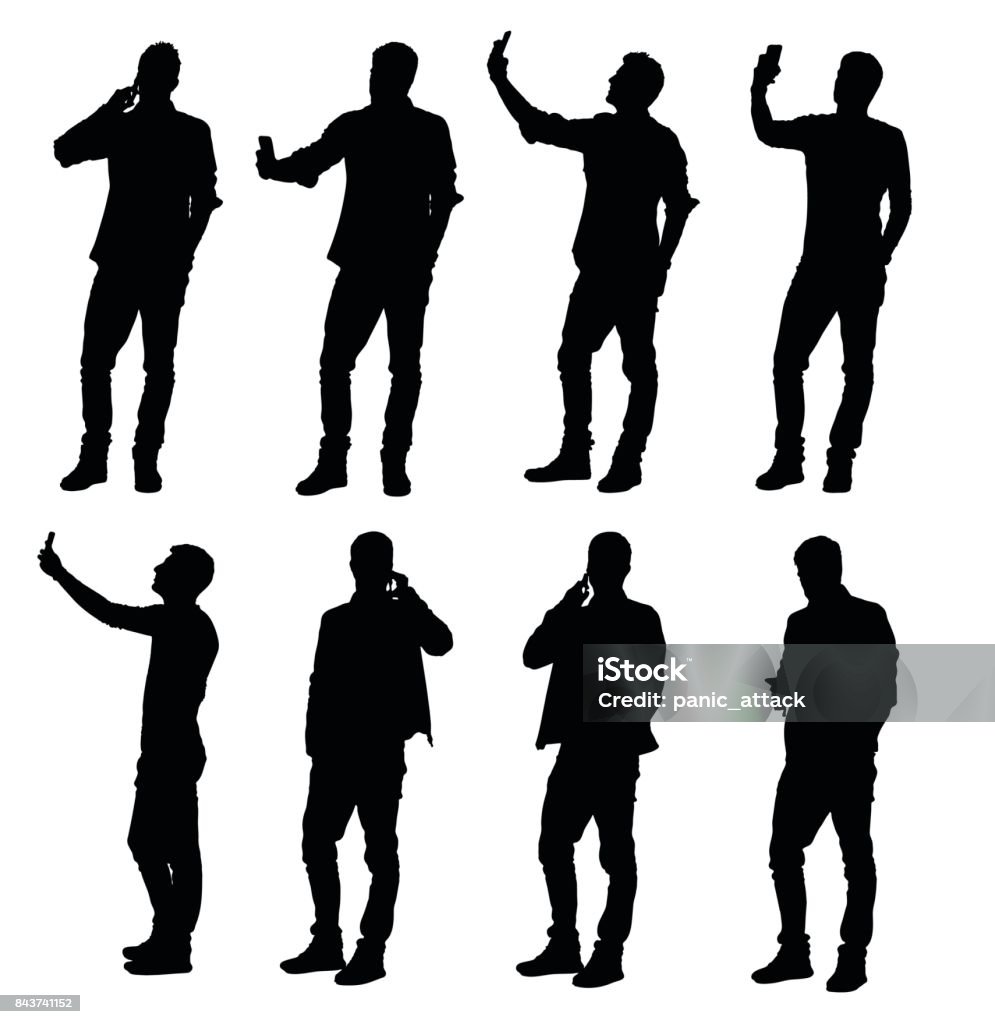 Set of young casual man taking selfie or holding and talking on mobile phone Set of young casual man taking selfie or holding and talking on mobile phone. Easy editable layered vector illustration. In Silhouette stock vector