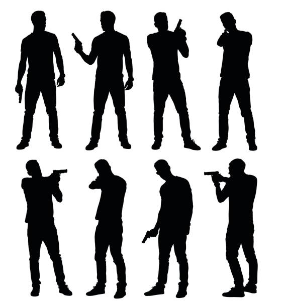 ilustrações de stock, clip art, desenhos animados e ícones de set of young male policeman, spy or criminal holding, pointing and aiming hand gun in different poses. - gun