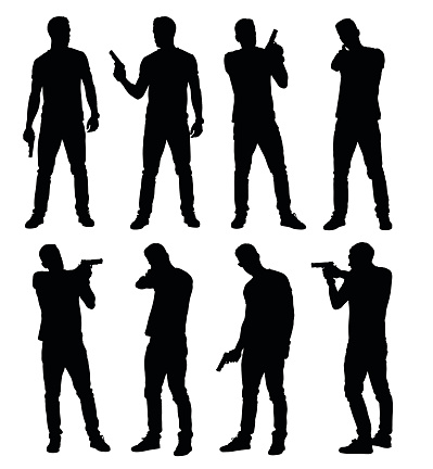 Set of young male policeman, spy or criminal holding, pointing and aiming hand gun in different poses. Easy editable layered vector illustration.