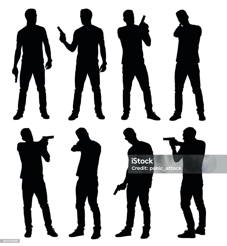 Set of young male policeman, spy or criminal holding, pointing and aiming hand gun in different poses. Set of young male policeman, spy or criminal holding, pointing and aiming hand gun in different poses. Easy editable layered vector illustration. In Silhouette stock vector