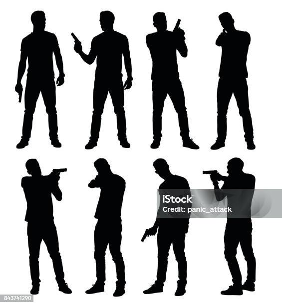 Set Of Young Male Policeman Spy Or Criminal Holding Pointing And Aiming Hand Gun In Different Poses Stock Illustration - Download Image Now
