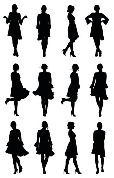 주름과 라틴 여자 댄서 실루엣의 컬렉션 소매 다른 포즈에 드레��스 - the human body dancing female silhouette stock illustrations