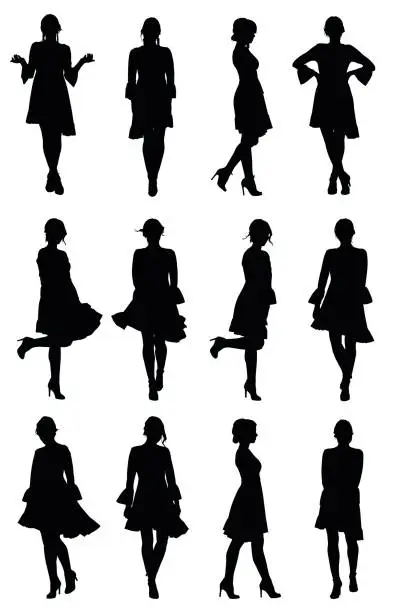 Vector illustration of Collection of latin woman dancer silhouettes with flounce sleeves dress in different poses