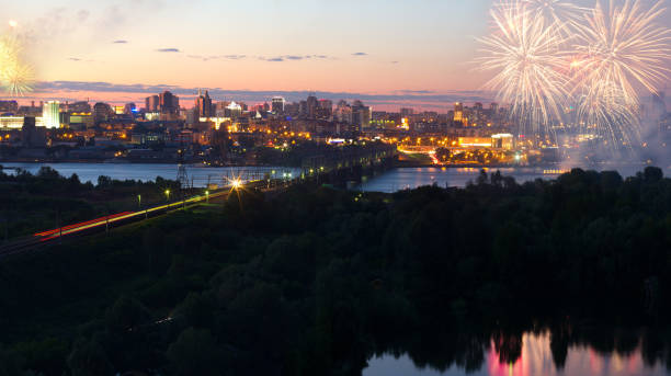 istock Colorful fireworks festival  at the river. 843744946
