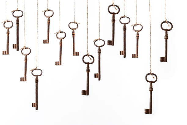 istock Old rusty vintage keys suspended on laces 843745376
