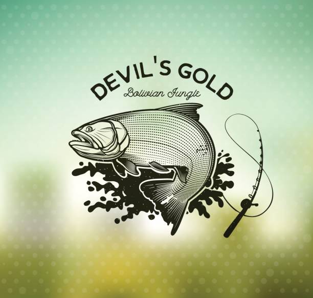 ilustrações de stock, clip art, desenhos animados e ícones de golden dorado fishing emblem on blur background. vector illustration. - fish seafood prepared fish nautical vessel