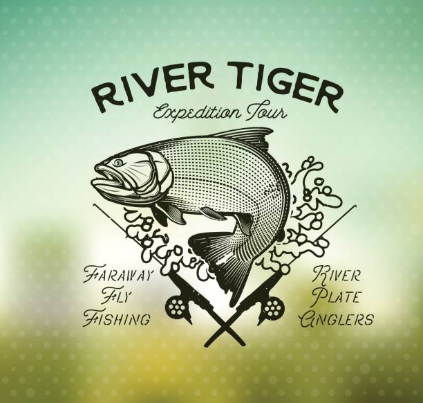 Golden Dorado Fishing emblem on blur background. Vector Illustration. - ilustração de arte vetorial