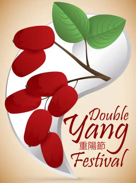 Vector illustration of Yang Symbol and Dogwood with Cherries for Double Yang Festival