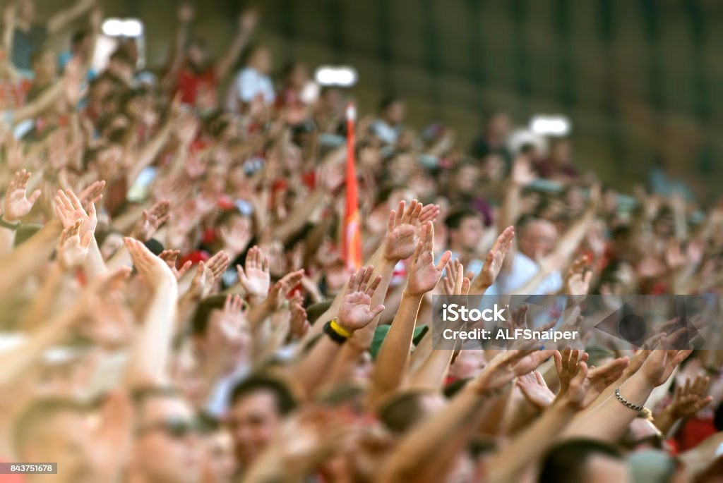 Tifosi di calcio che applaudeno sul podio dello stadio - Foto stock royalty-free di Stadio