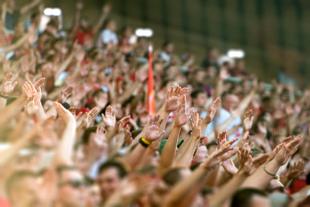 football fans clapping on the podium of the stadium - sport crowd fan stadium imagens e fotografias de stock