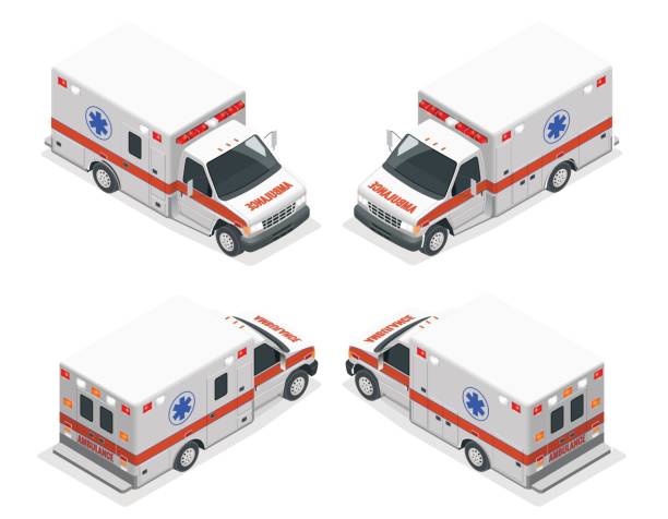 ilustraciones, imágenes clip art, dibujos animados e iconos de stock de transporte isométrica conjunto ilustración de vector de ambulancia van aislada. accidente de evacuación médica de emergencia. accidente ambulancia ayuda servicio clínica de emergencia departamento de infografía, banner, web - ambulancia