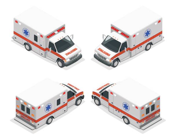 ilustrações de stock, clip art, desenhos animados e ícones de transport isometric set ambulance van isolated vector illustration. emergency medical evacuation accident. accident ambulance aid service clinic emergency department for infographics, banner, web - emergency services car urgency isometric