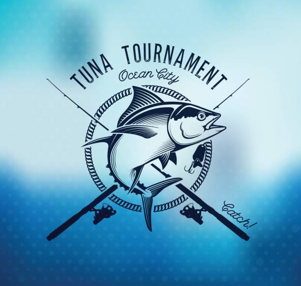 Fishing labels, badges, emblems and design elements. Illustrations of Tuna - ilustração de arte vetorial