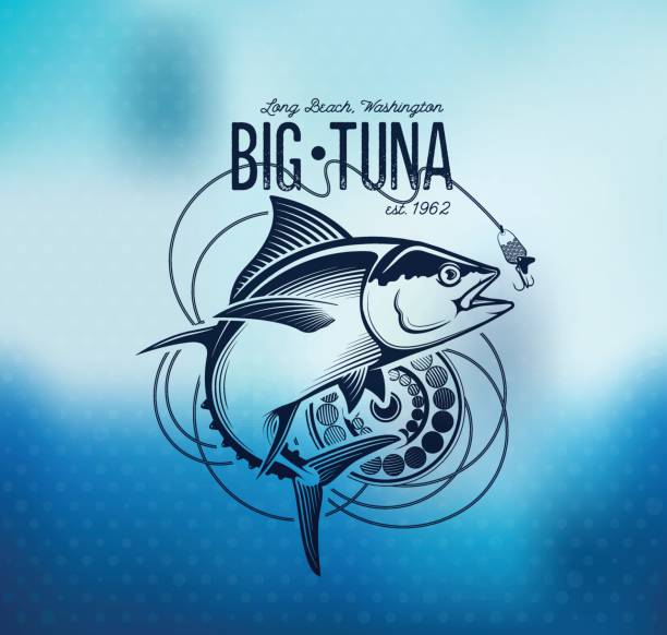 etykiety wędkarskie, odznaki, emblematy i elementy projektu. ilustracje tuńczyka - catch of fish sport black and white activity stock illustrations