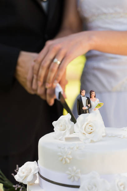 新婚結婚式ケーキカットの半ばセクション - wedding cake newlywed wedding cake ストックフォトと画像