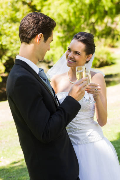 istock Newlywed toasting champagne flutes at park 843752972
