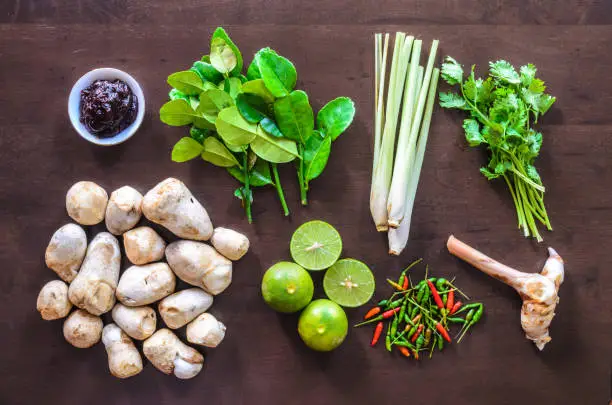 Ingredients and raw materials to cooking thai food has call the Tomyumkung.