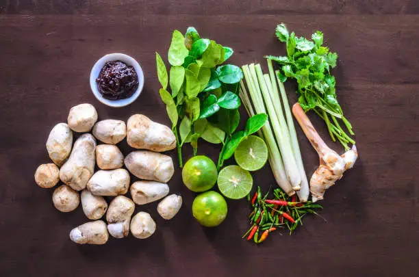 Ingredients and raw materials to cooking thai food has call the Tomyumkung.