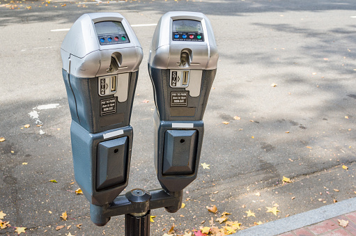 Photo of Two Parking Meters along a Street. The Parking Meters can be operated both by Conis or Credit Cards.