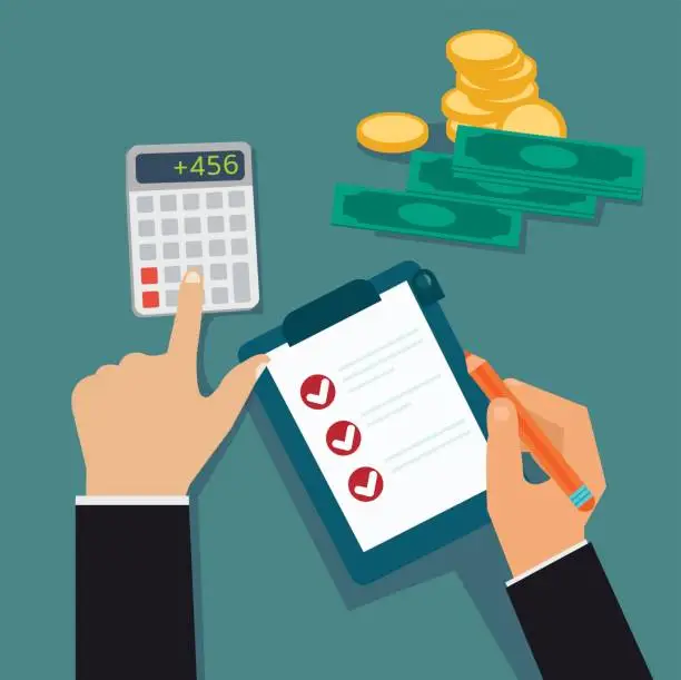 Vector illustration of Flat business hands checking board and calculated cost, profit with money vector illustration.Financial concept vector.