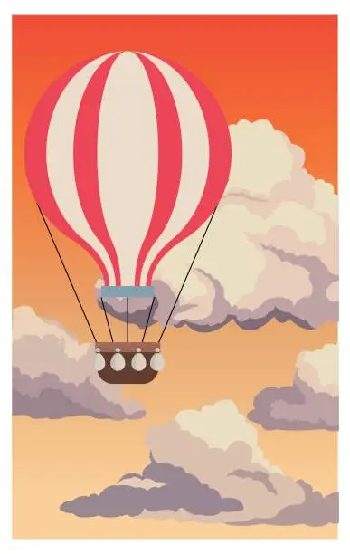 Vector illustration of airballoon flying sky sunset clouds