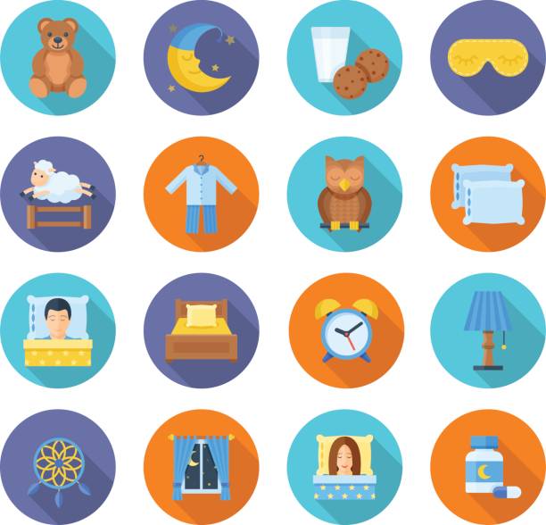 Time to sleep vector icons in a flat style Time to sleep vector icons in a flat style. A set of accessories and items for sleep and rest on a white background. Icons of sleeping men and women. sleeping icons stock illustrations