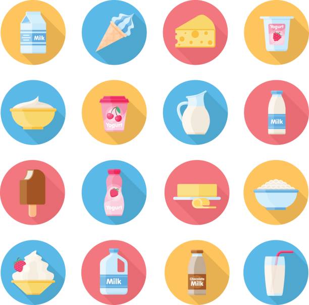 ilustrações de stock, clip art, desenhos animados e ícones de dairy products flat style set - frasco comida biologica
