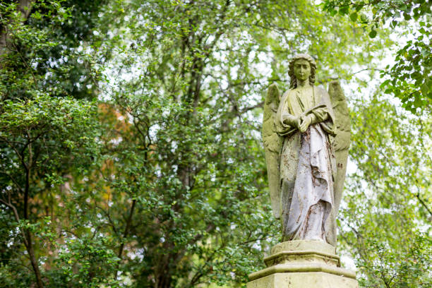 고딕 양식의 비 석, 조각 및 플렛폼 highgate 묘지에서 - highgate cemetery 뉴스 사진 이미지