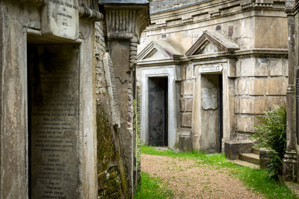 고딕 양식의 비 석, 조각 및 플렛폼 highgate 묘지에서 - highgate cemetery 뉴스 사진 이미지