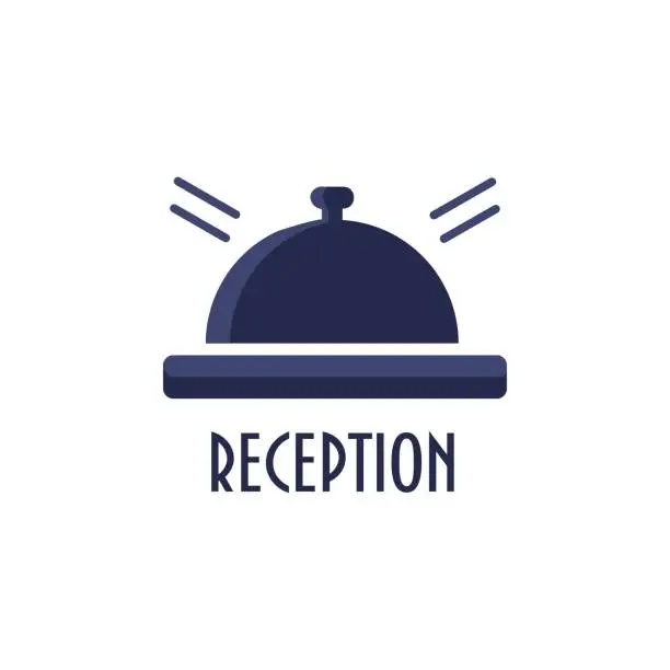 Vector illustration of Reception bell icon. Hotel booking desk or retro service table bell vector sign. Text: Reception. Service ring icon.