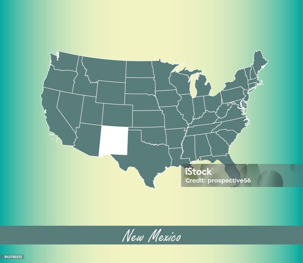 New Mexico map vector outline illustration highlighted in USA map vector blue background This abstract creative map of New Mexico state of United States af America is designed on an old paper background. The state's name is written like a signature on a ribbon. Abstract stock vector