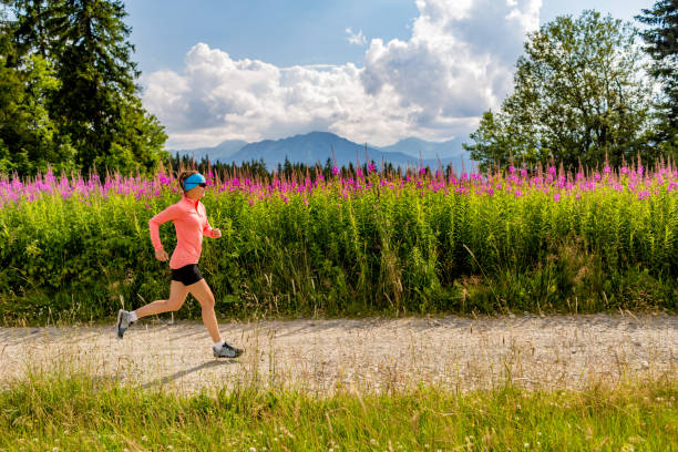 женщина тропа работает на променой дороге в горах, летний день - tatra mountains healthy lifestyle leisure activity mountain стоковые фото и изображения