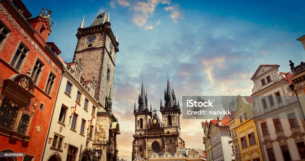 Old Town Square in Prague The Old Town Hall with Prague astronomical clock (orloj) and the Church of Our Lady before Tyn Architecture Stock Photo