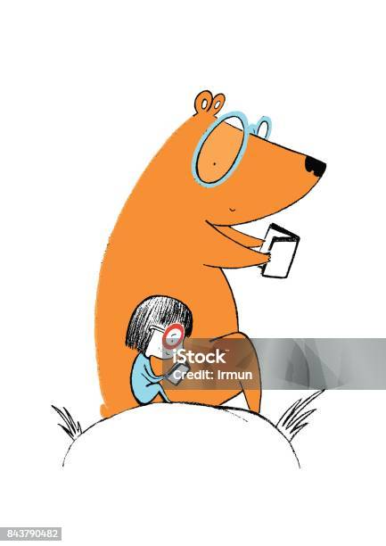 Little Girl And A Bear Reading Books Stock Illustration - Download Image Now - Reading, Child, Book