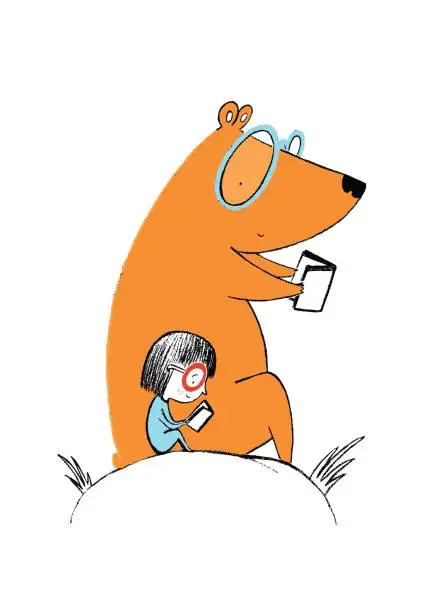 Vector illustration of Little girl and a bear reading books